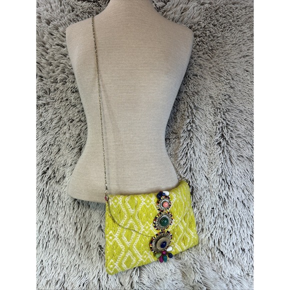Steve Madden Bzada Yellow Envelope Clutch Crossbody Bag Beaded Gold Chain Boho - Picture 2 of 14